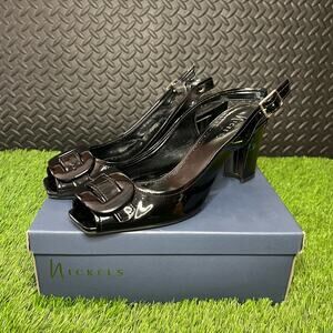 Nickles Black Patent Leather Open Toe Buckle  3'' Heels Womans Size 10